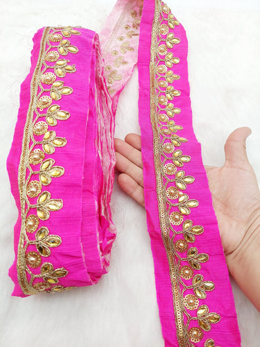 Fuchsia Pink Silk Fabric Lace Trim Floral Embroidery & Indian Stones Kundan Embellishment, Decorative Sari Trim, Floral Border Trim By Yard